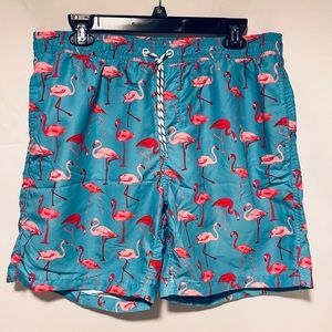 Maamgic Swim Trunks Mens Large Blue Pink Flamingo Mesh Pocket 7in Inseam